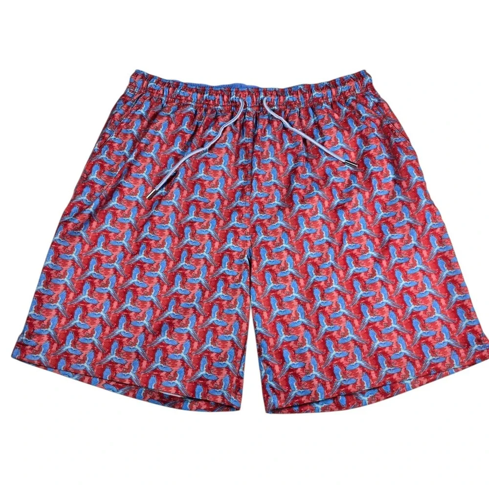 Peter Millar Mens Seaside Collection Red/Blue Parrot AOP Swim Trunk Shorts Sz XL